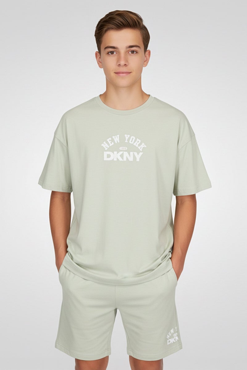 DKNY Kids Boy 2 Pieces Brand Logo T-Shirt And Shorts Set, Light Green - Image 1